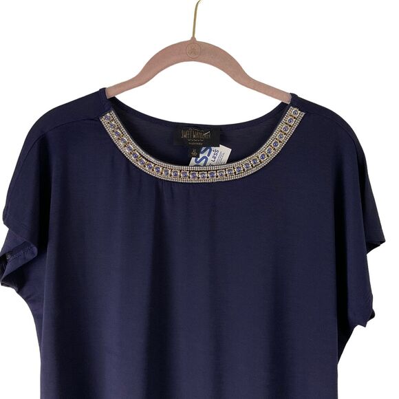 Sweet Wanderer Maternity Medium Navy Blue Embellished Neckline Blouse Top New - Picture 9 of 14